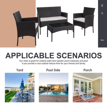 SHINTENCHI 4 Piece Wicker Patio Furniture Set with Glass Table