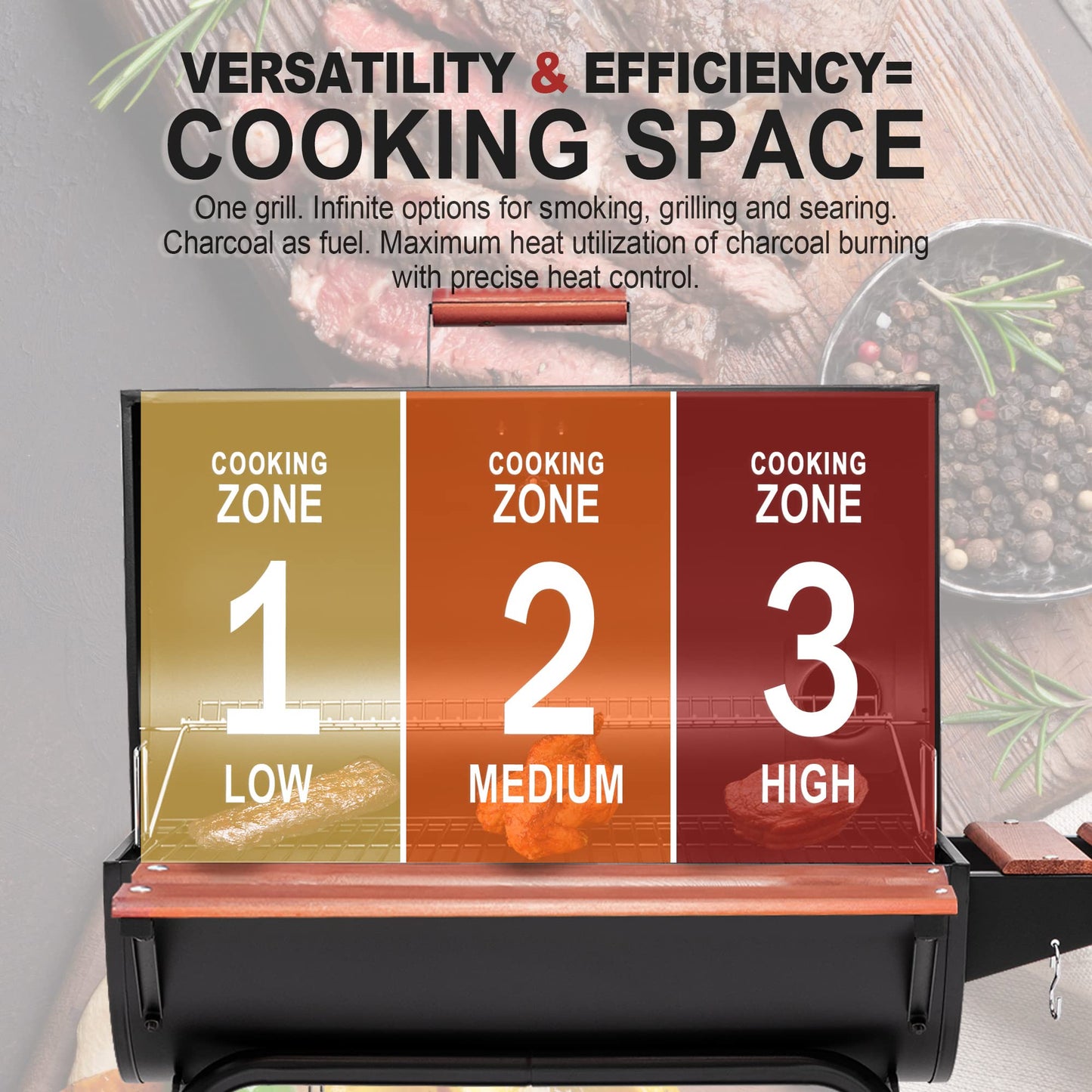 ROYAL GOURMET CC1830V Charcoal Grill with Wood Side Table - 627 sq in