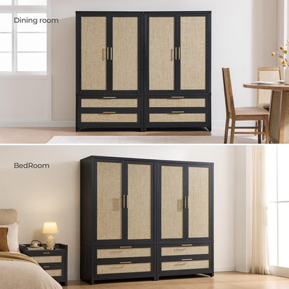 SICOTAS Larger Armoire Wardrobe Closet, 71" Tall Rattan Wardrobe Closet Cabinet with Storage and 2 Drawers, Boho Armoire Clothes Organizer with Hanging Rod for Bedroom, Black Oak (2 PCS)