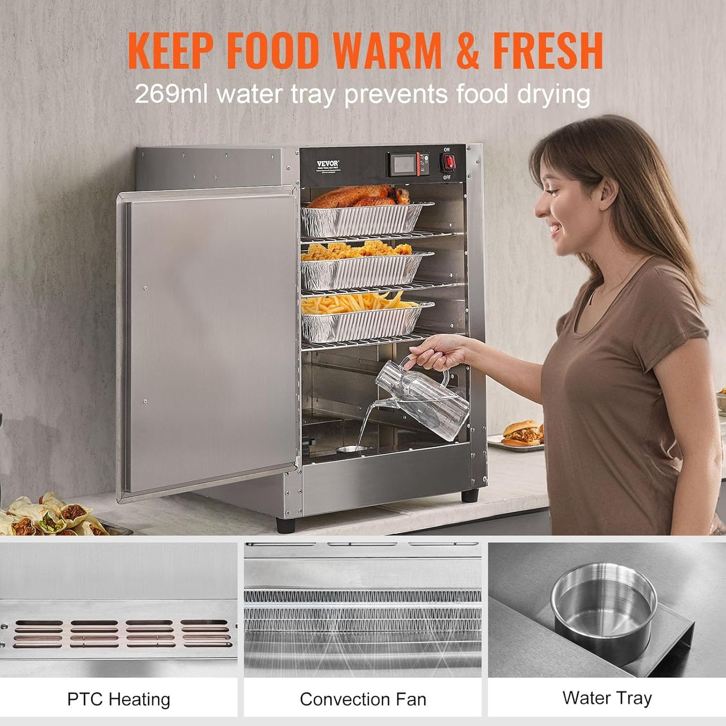 VEVOR Hot Box Food Warmer, 5-Tier Concession Warmer with Water Tray, 5 Pans, Single-Door and Adjustable Shelves, Stainless Steel Food Warmer Cabinet, Ideal for Storing Pizza, Chicken, Restaurant