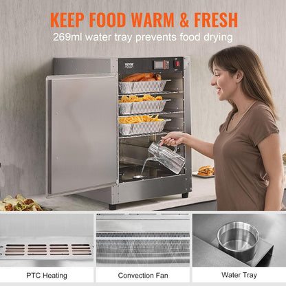 VEVOR Hot Box Food Warmer, 5-Tier Concession Warmer with Water Tray, 5 Pans, Single-Door and Adjustable Shelves, Stainless Steel Food Warmer Cabinet, Ideal for Storing Pizza, Chicken, Restaurant
