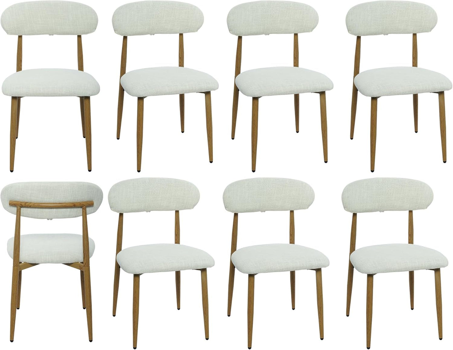 FREKEN Modern Upholstered Dining Chairs Set of 8, Mid-Century Metal Frame with Wood Grain, Linen Fabric Side Chair for Kitchen Dining Room, 350lbs Capacity, Beige