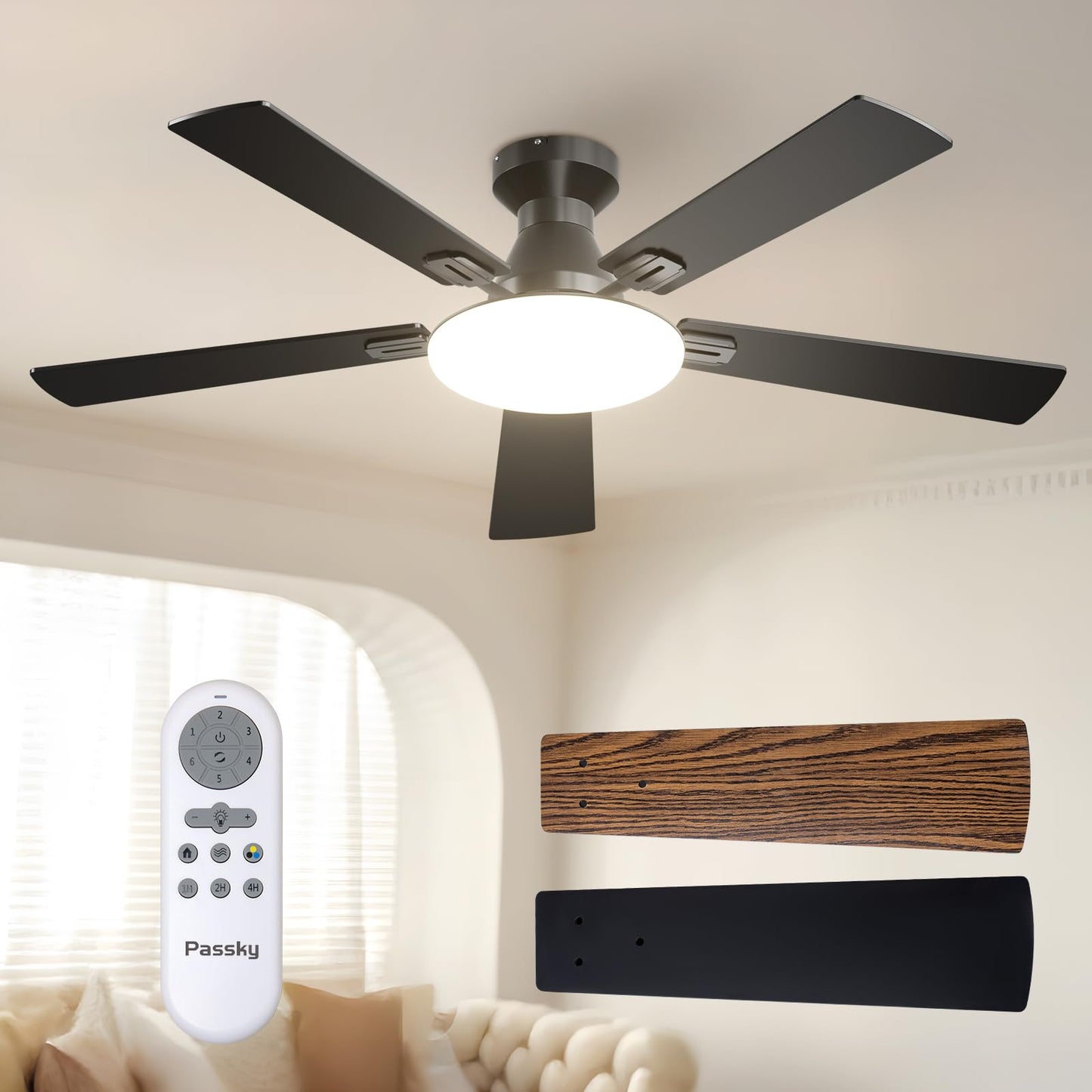 PASSKY 52-Inch Flush Mount Ceiling Fan with Lights & Remote