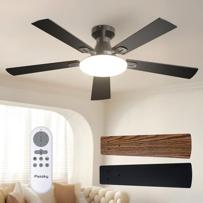 PASSKY 52-Inch Flush Mount Ceiling Fan with Lights & Remote