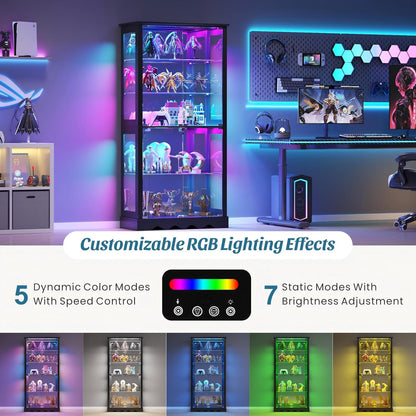 Dystler Display Cabinet with Glass Doors, 71'' Tall Curio Cabinet with RGB Lights for Collectibles, LED Display Case with Removable Shelf for Book/Medal/Figure, Black