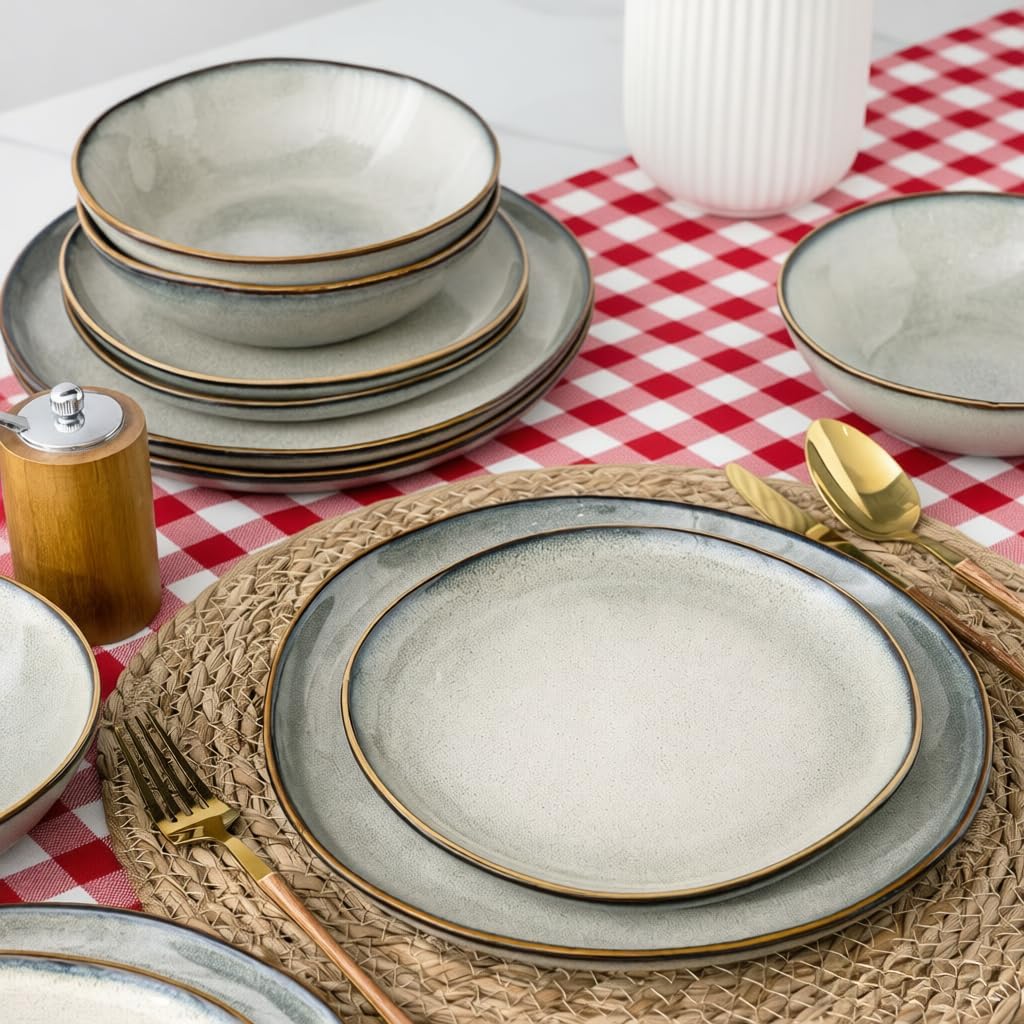 AmorArc Ceramic Dinnerware Sets,Handmade Reactive Glaze Stoneware Plates and Bowls Sets,Highly Scratch Resistant | Dishwasher & Microwave Safe Dishes Set,Service for 4 (12pc)