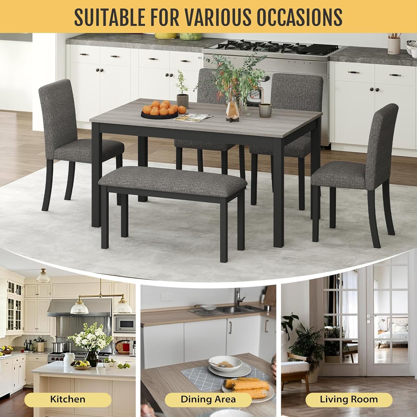 Zevemomo 6-Piece Solid Wood Dining Table Set, Including 1 Dining Table, 4 Upholstered Chairs and 1 Bench, Wooden Legs Dining Table Set for Dining Room, Kitchen, Restaurant, Dark Grey