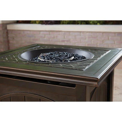 5-Piece Steel Patio Fire Pit Conversation Set with Navy Blue Cushions, Swivel Gliders and Square Fire Pit Table