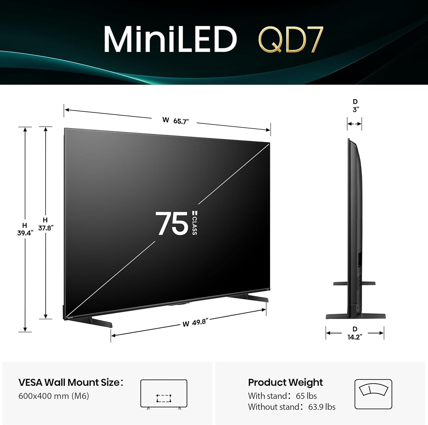 Hisense 75" QD7 Mini-LED 4K Smart Fire TV - QLED, 144Hz, HDR10+, Dolby Vision/Atmos, Game Mode Pro, Alexa Built-in (75QD7QF)