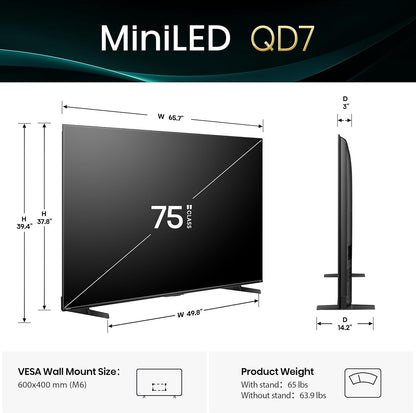 Hisense 75" QD7 Mini-LED 4K Smart Fire TV - QLED, 144Hz, HDR10+, Dolby Vision/Atmos, Game Mode Pro, Alexa Built-in (75QD7QF)