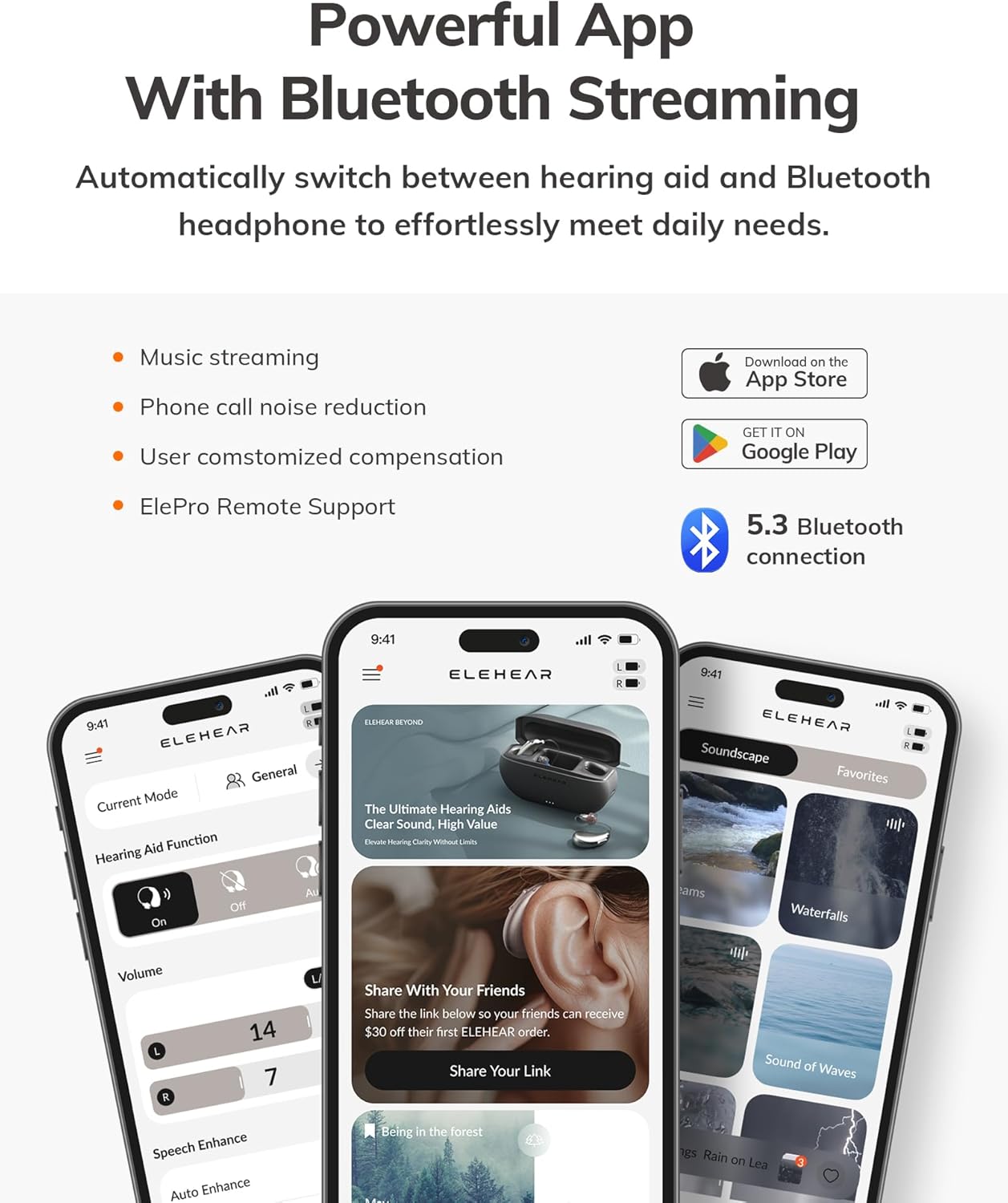ELEHEAR-Beyond OTC Hearing Aids, AI Powered Speech Enhancement, Superior Sound Quality, Connectivity with iOS or Android Devices via Bluetooth 5.3, for Seniors and Adults