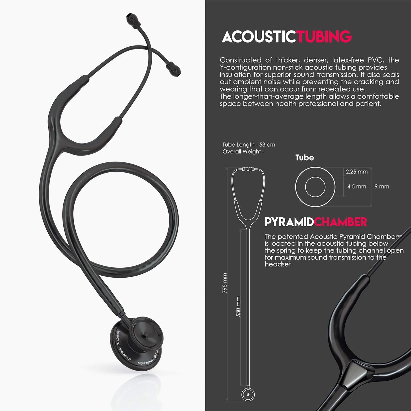 MDF Instruments, Acoustica Lightweight Stethoscope for Doctors, Nurses, Students, Home Health Use, Adult, Dual Head, White Tube, Pink Pinkore Chestpiece-Headset, MDF747XPPO29
