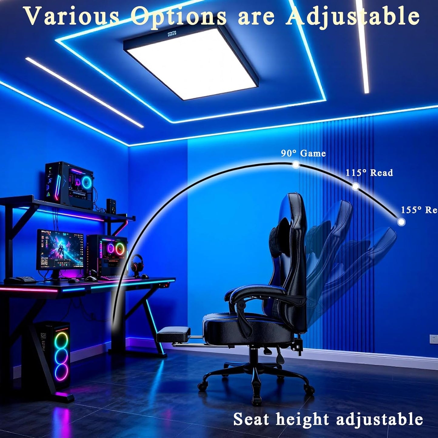 Gaming Chair with Pocket Spring Cushion and Footrest, Ergonomic Computer Chair for Adults, Breathable PU Leather Game Chair
