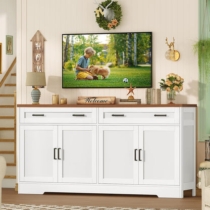 usikey 63" Buffet Cabinet with Storage, Large Sideboard Buffet Cabinet with 2 Adjustable Shelves and 4 Doors, Modern Farmhouse Coffee Bar for Kitchen, Living Room, White