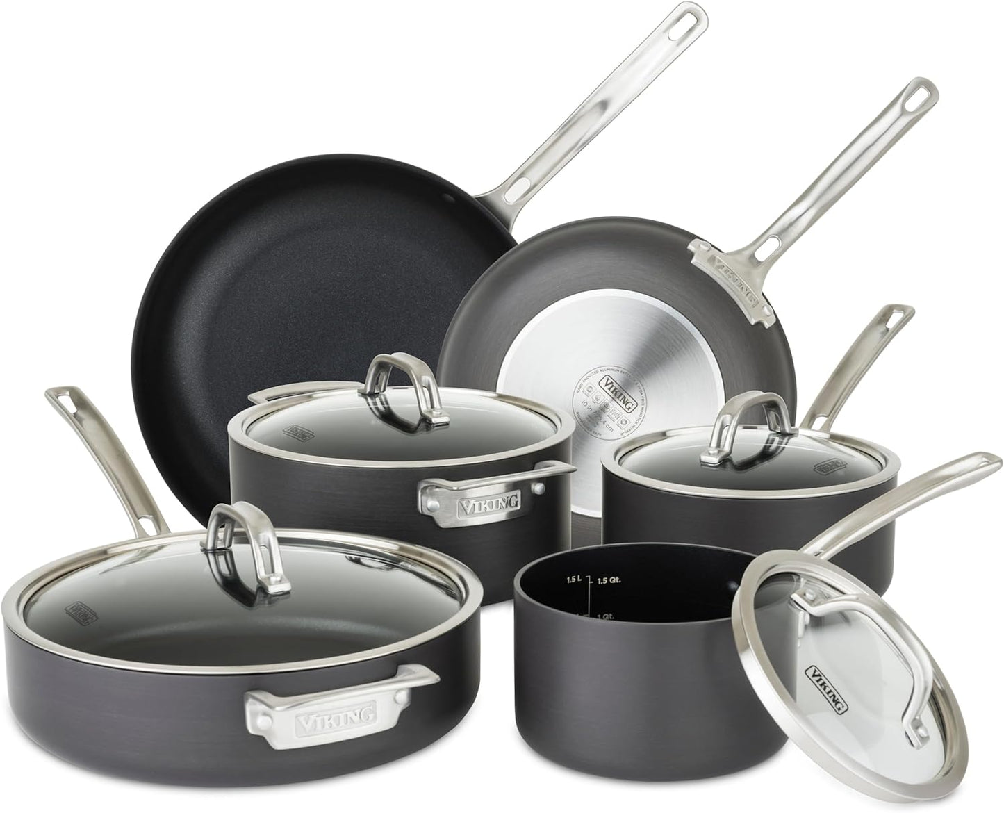 Viking Pots and Pans Set Non Stick, 10 Piece Hard Anodized Kitchen Cookware with Glass Lids, Black