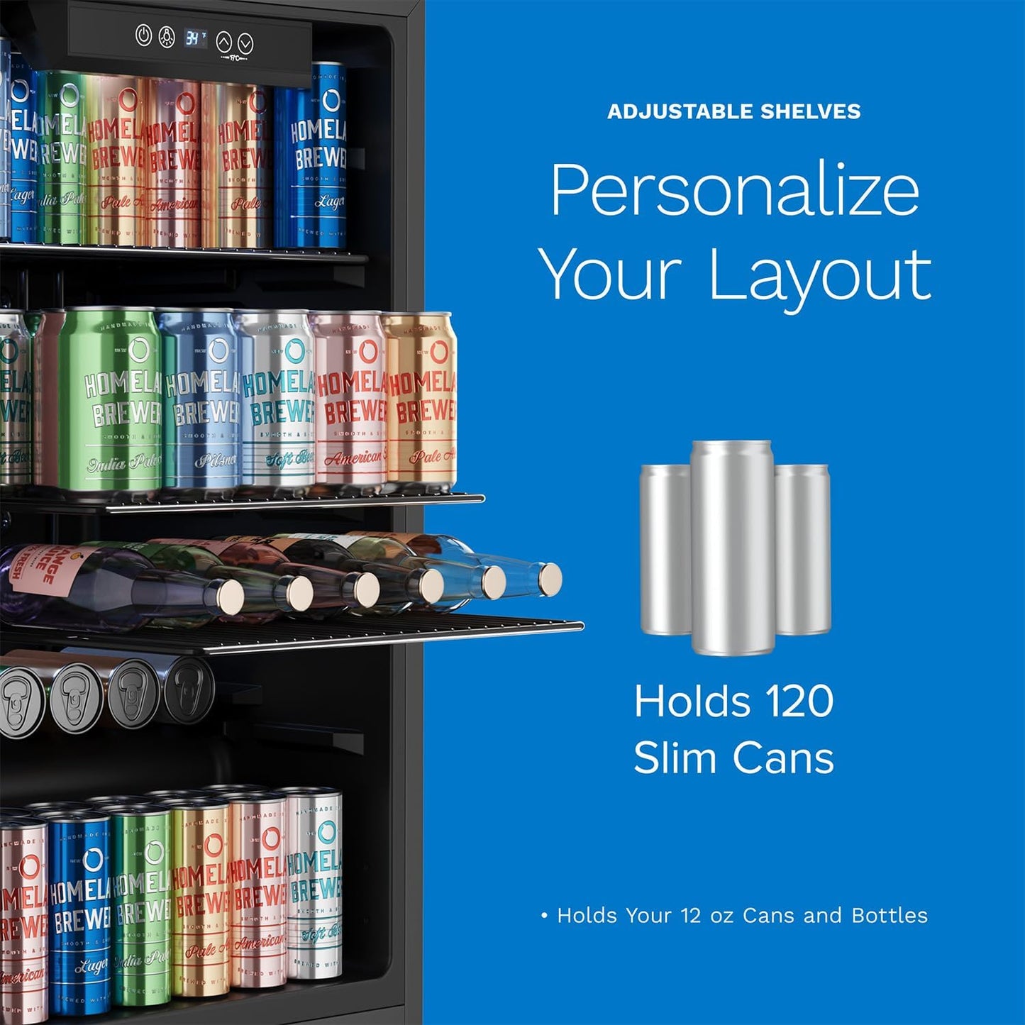 hOmeLabs Beverage Refrigerator and Cooler - Mini Fridge with Glass Door for Soda Beer or Wine - 120 Cans Capacity - Small Drink Dispenser Machine for Office or Bar with Adjustable Removable Shelves