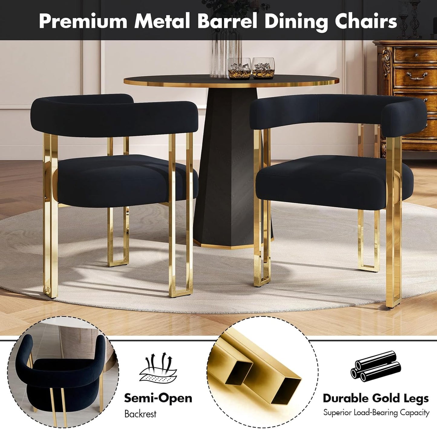 Hyfirm Set of 4 Black and Gold Modern Dining Chairs, Velvet Upholstered Barrel Armchairs with Metal Legs for Kitchen Island, Mid Century Accent Chairs for Dining Room Living Room, Open-Back