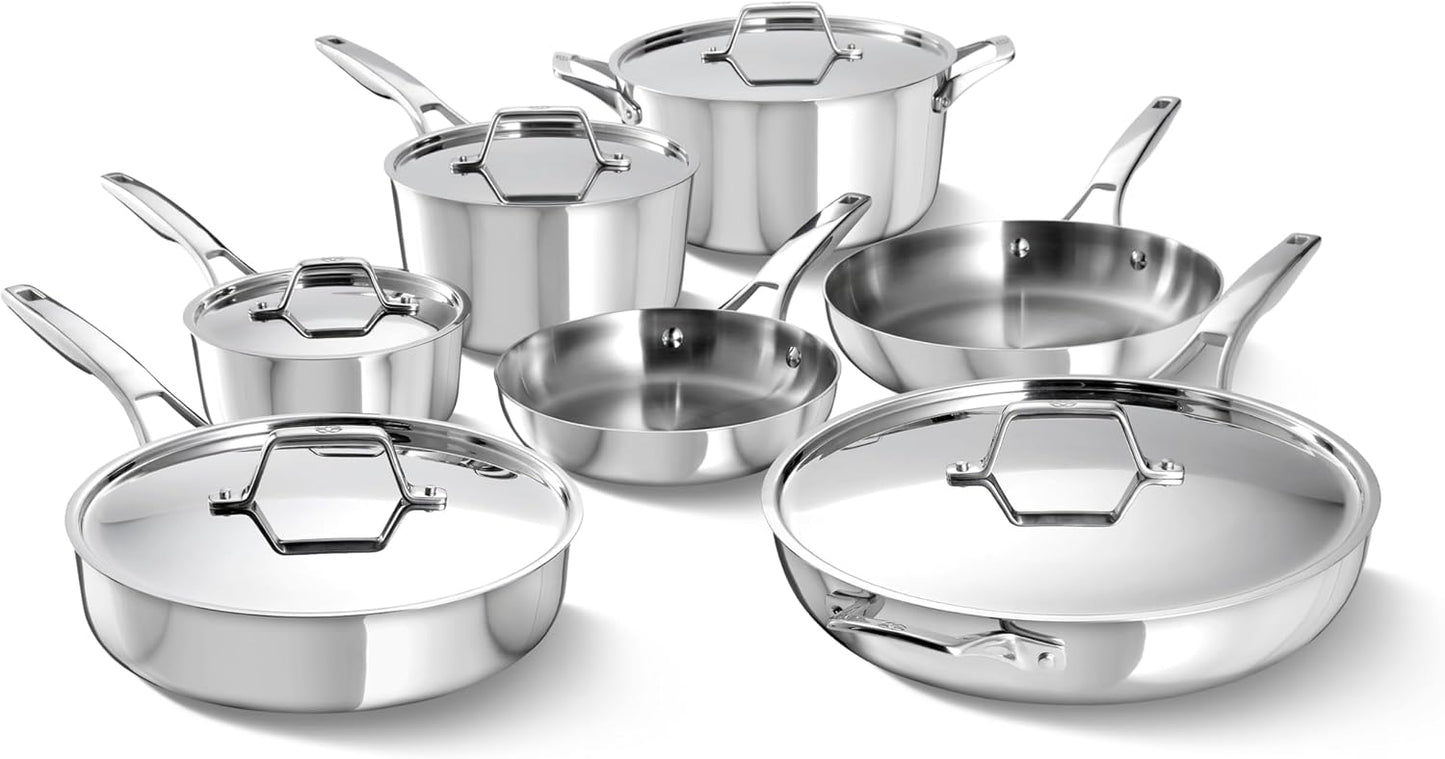 Calphalon Premier Polished 5-Ply Stainless Steel Cookware Set w/Turbo Heat Tech 12 Piece Includes Frying Pans, Pots and Pans Set, Induction, Oven Safe 500F, PFOA Free, Polished Stainless Silver