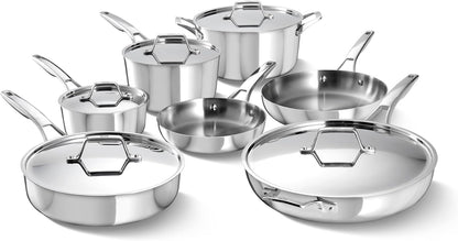 Calphalon Premier Polished 5-Ply Stainless Steel Cookware Set w/Turbo Heat Tech 12 Piece Includes Frying Pans, Pots and Pans Set, Induction, Oven Safe 500F, PFOA Free, Polished Stainless Silver