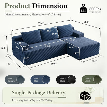96" Sectional Couches for Living Room Cloud Couch Sofa with L-Shape Upholstered Boneless Couchs Modern Modular Sectional Couch with Chaise (Bule, 96" W+Right Facing Chaise+2Seaters)