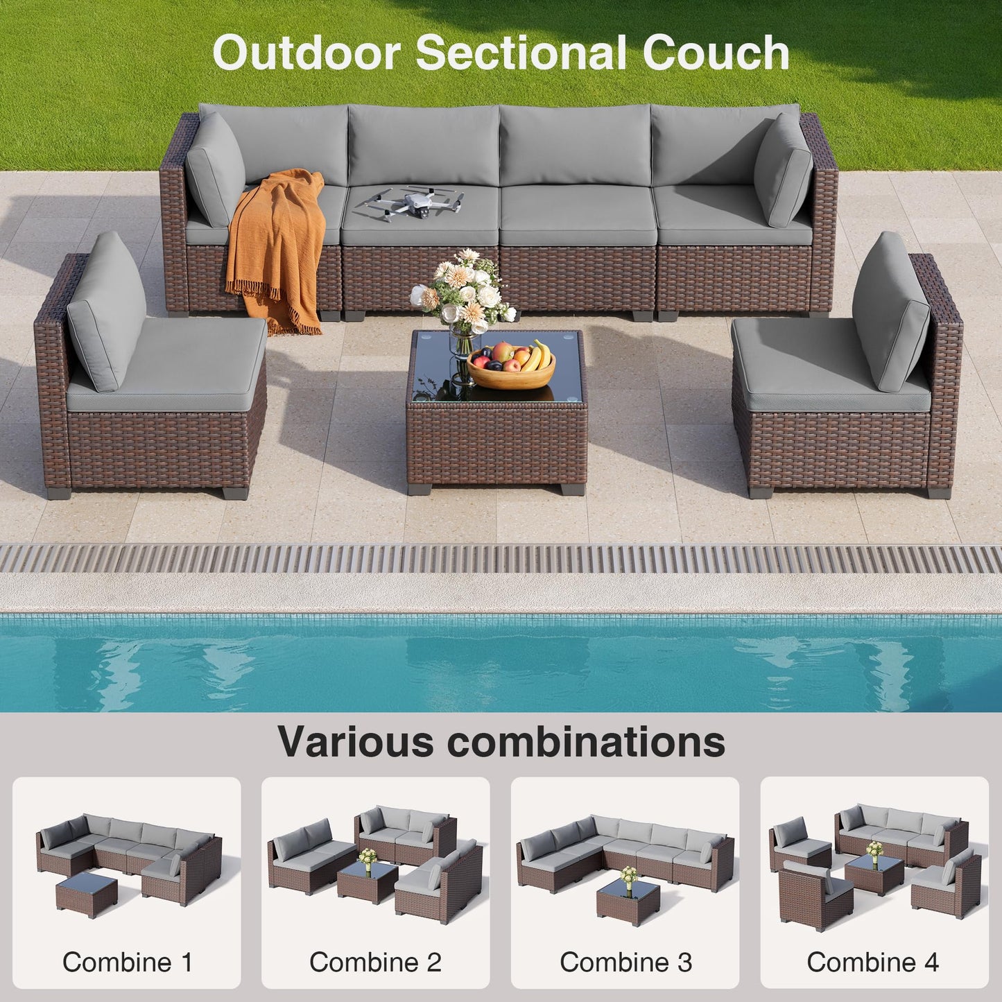 QSUN 7 Pieces Outdoor Patio Wicker Furniture Set, Grey
