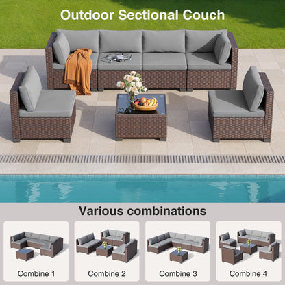 QSUN 7 Pieces Outdoor Patio Wicker Furniture Set, Grey