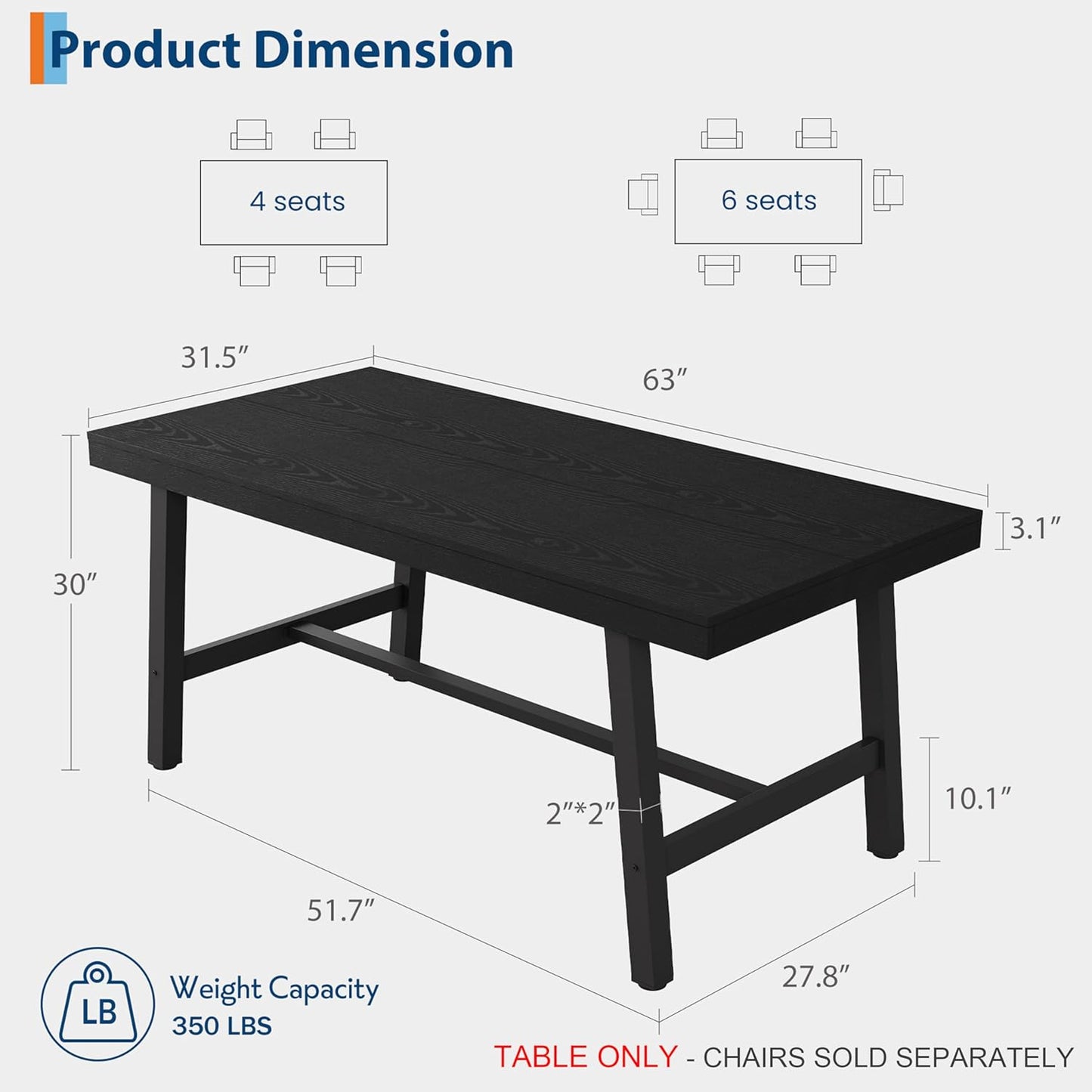 GarveeHome Industrial Dining Table for 4-6 People, 63" Long Large Kitchen Table with Sturdy Metal Frame, Rectangular Counter for Dinner, Kitchen, Dining Room (Black, 63" Non-extendable)