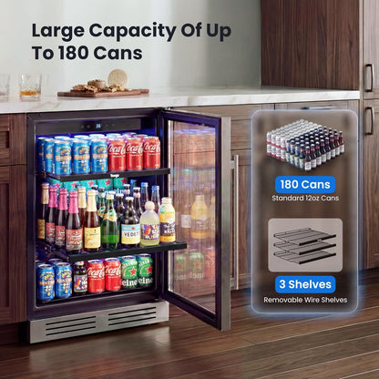 Yeego Beverage Refrigerator & Drink Fridge - 24 inch 180 Cans Beer Cooler Glass Door, 34-54℉ Under Counter Refrigerator Built-in for Drink Soda Wine for Bar Office Bedroom
