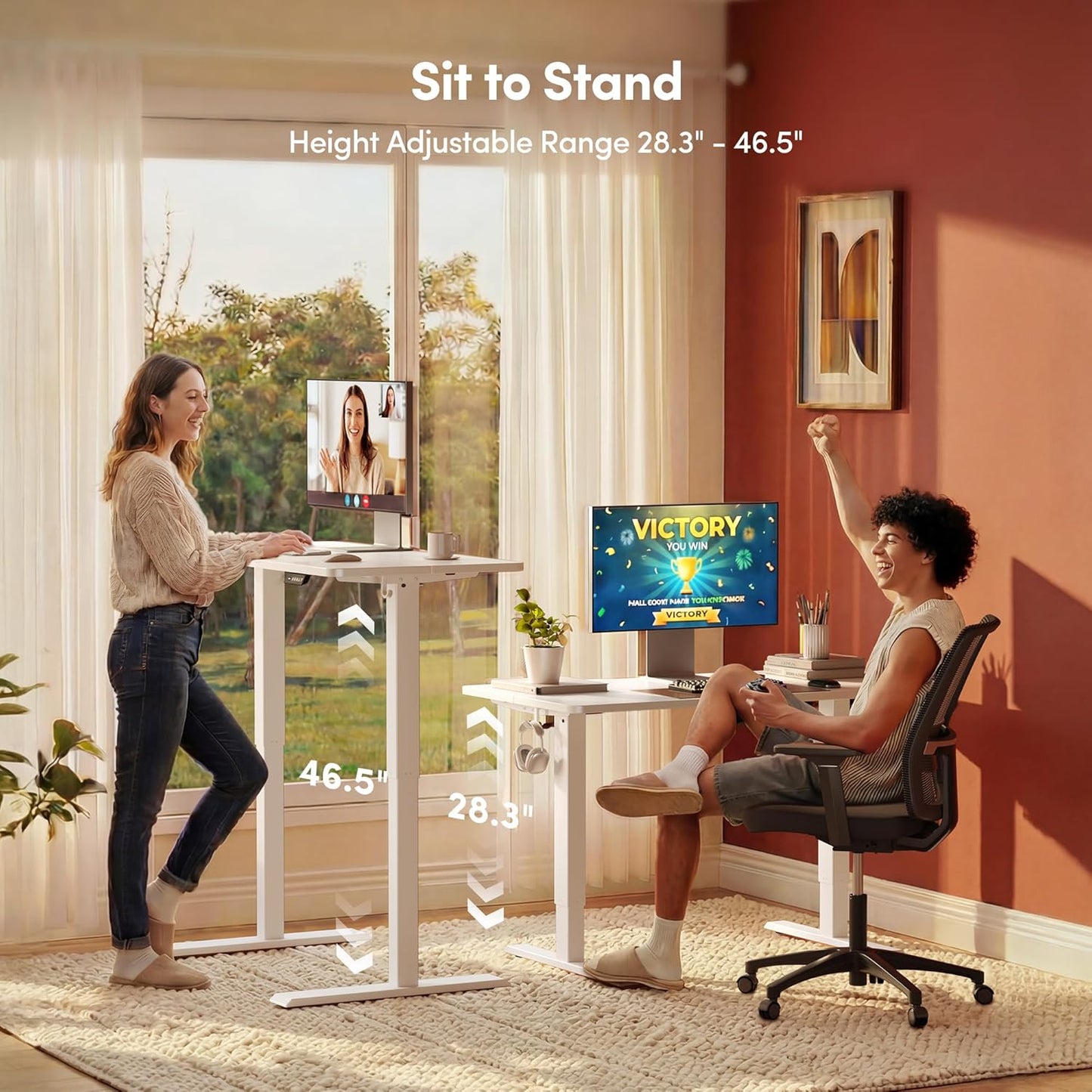 FEZIBO 48 x 24 Inchs Electric Standing Desk, Height Adjustable, Sit Stand Up, Computer Office Desk with Splice Board, White Frame/White Top