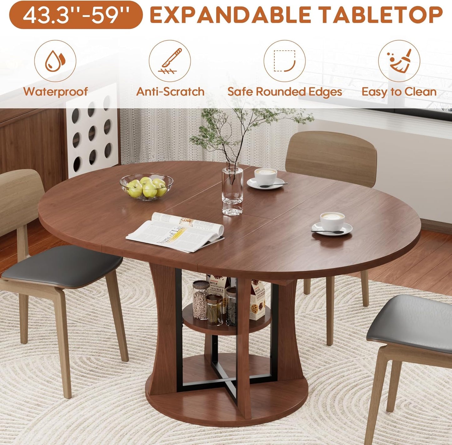43.3''-59'' Extendable Round Dining Table for 4-8, Expandable Kitchen Table with Storage Shelf, Space Saving Circle Kitchen Table, Round Oval Dining Room Table for Living Room
