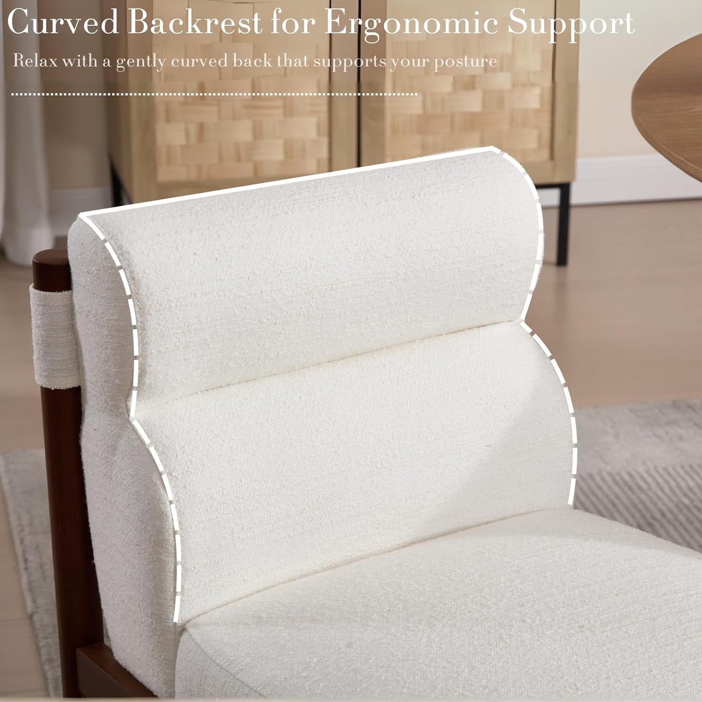 CIMOTA Modern Upholstered Dining Chairs Set of 6, Linen Fabric Kitchen & Dining Room Chairs Boucle Armless Side Chairs with Curved Backrest/Solid Wood Legs, Cream White