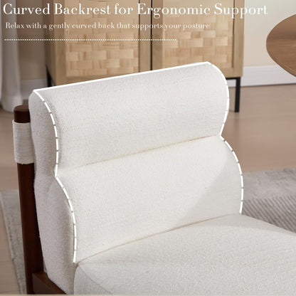 CIMOTA Modern Upholstered Dining Chairs Set of 6, Linen Fabric Kitchen & Dining Room Chairs Boucle Armless Side Chairs with Curved Backrest/Solid Wood Legs, Cream White