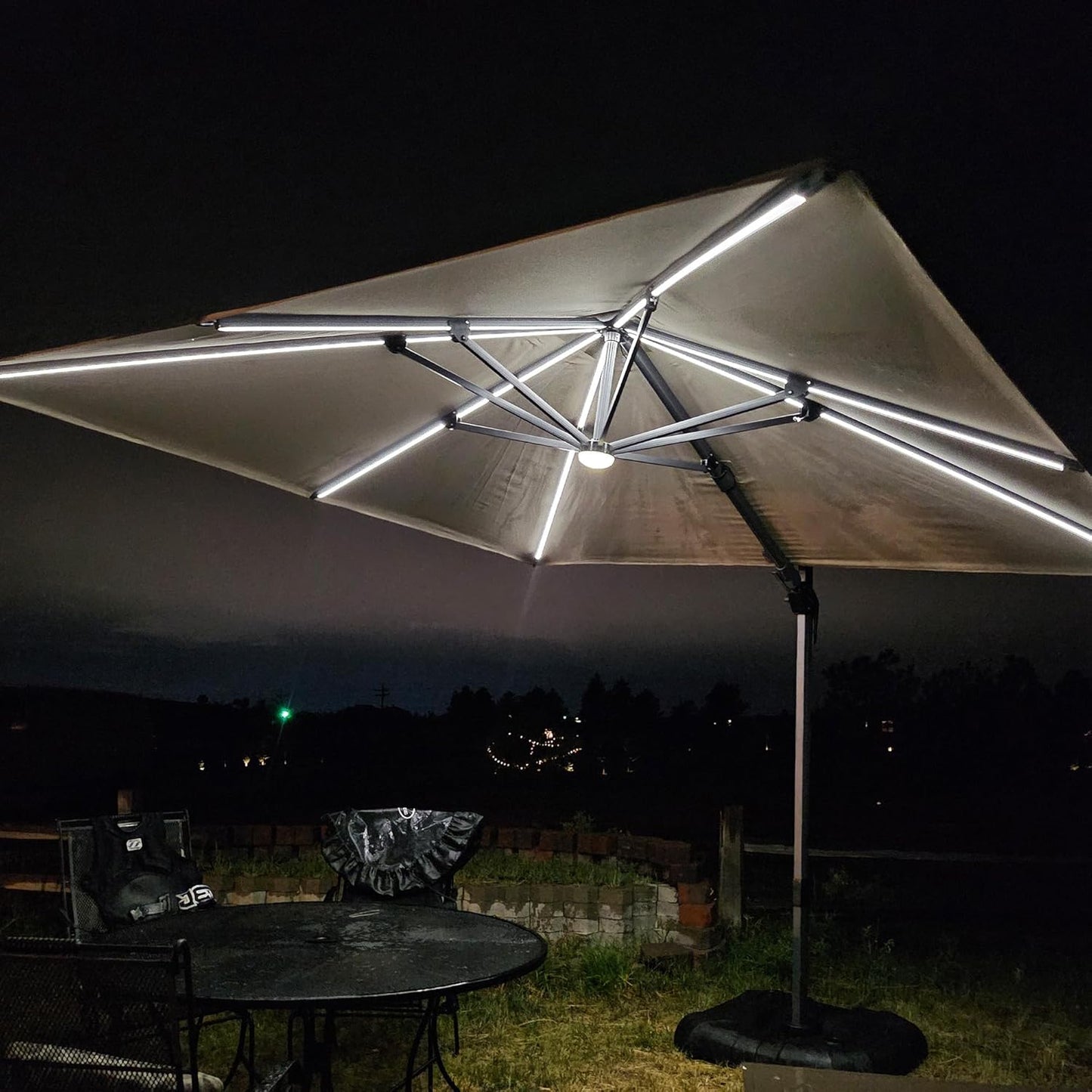 PURPLE LEAF 10 Feet Patio Umbrella with Base Outdoor Cantilever Solar Powered LED Swivel Square Umbrella Aluminum Offset Umbrella with 360-degree Rotation for Garden Deck Pool Patio, Beige