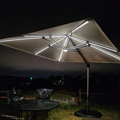PURPLE LEAF 10 Feet Patio Umbrella with Base Outdoor Cantilever Solar Powered LED Swivel Square Umbrella Aluminum Offset Umbrella with 360-degree Rotation for Garden Deck Pool Patio, Beige