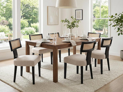RIVOVA Rattan Dining Chairs Set of 6, Modern Dining Chair Kitchen Dining Room Chair, Curved Cane Back Upholstered Linen Fabric Dining Chair with Black Wood Frame, Beige