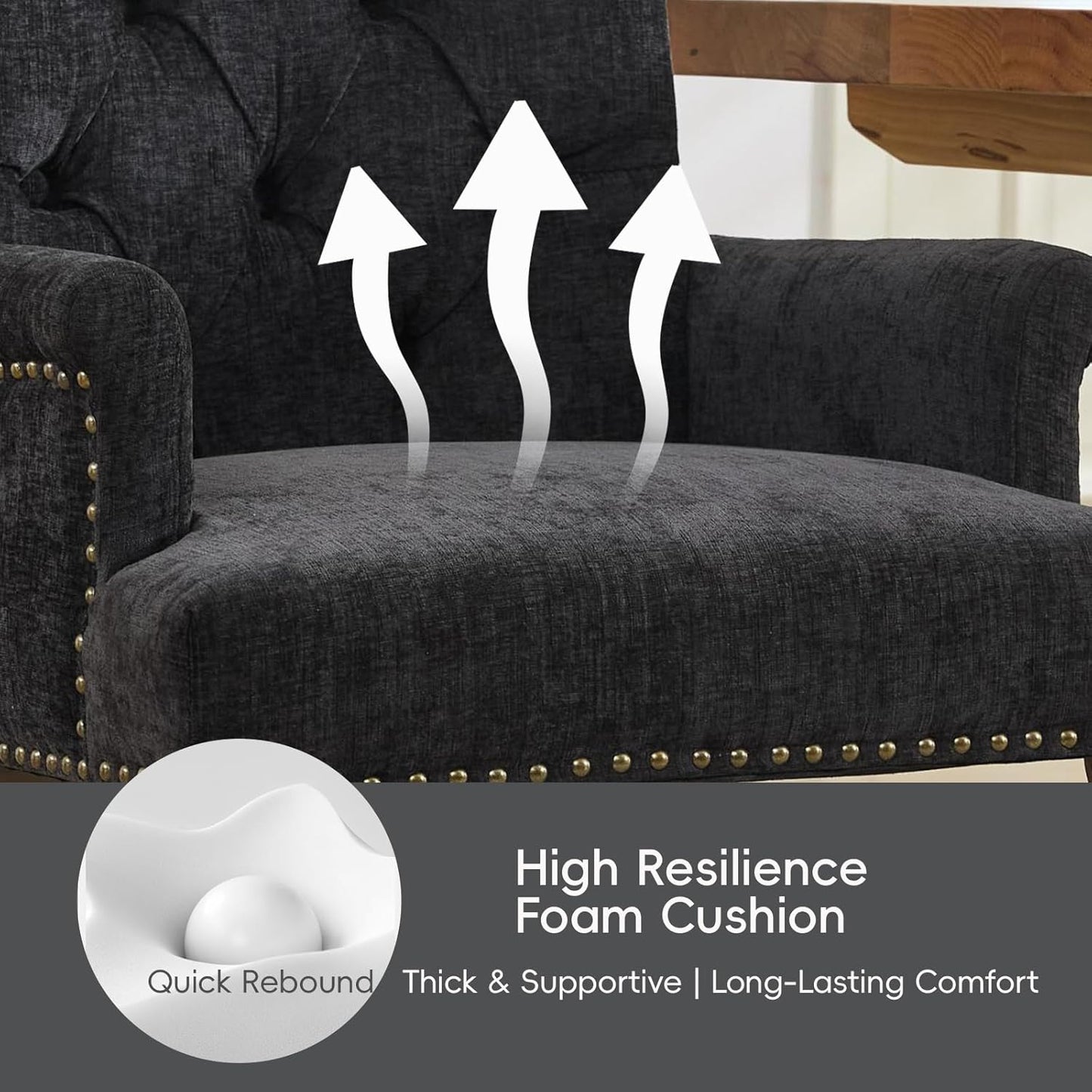 Upholstered Tufted Chenille Dining Chairs with Arms & Nailhead Trim – Solid Wood Frame & Legs, Modern Farmhouse for Dining, Kitchen & Living Room (Set of 6, Charcoal Gray)