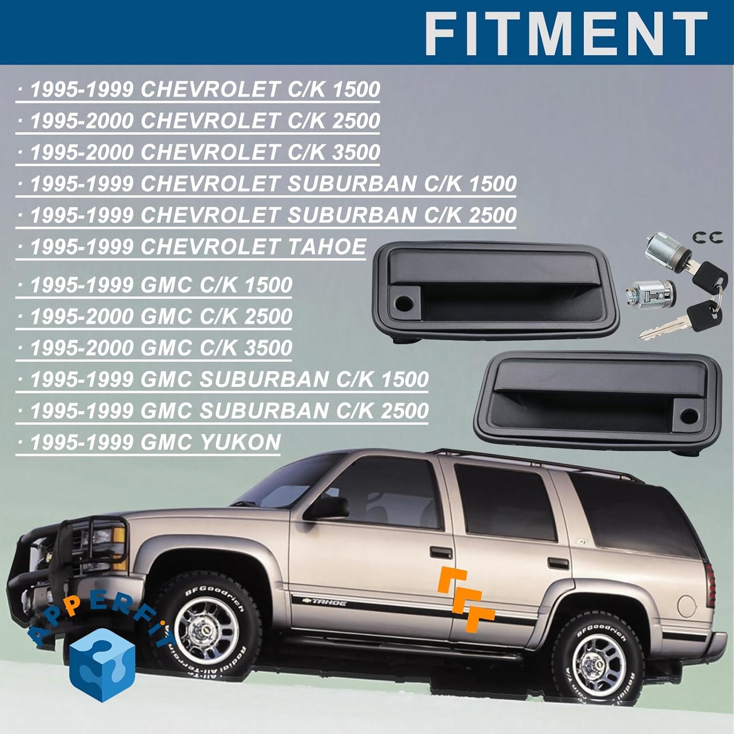 APPERFiT All Metal Exterior Door Handles w/Key Lock Cylinders Compatible with 1995-2000 Chevrolet Chevy/GMC C1500 C2500 C3500 K1500 K2500 K3500 Suburban Tahoe Yukon 15742229 15742230