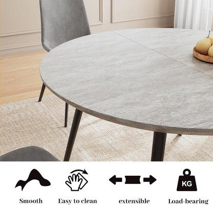 HIPIHOM 43.3"-59.1" Extendable Dining Table Set with Metal Legs, Wooden Round Kitchen Table for 4-6 Person, Gray Coffee Table w/Easy-Clean Tabletop