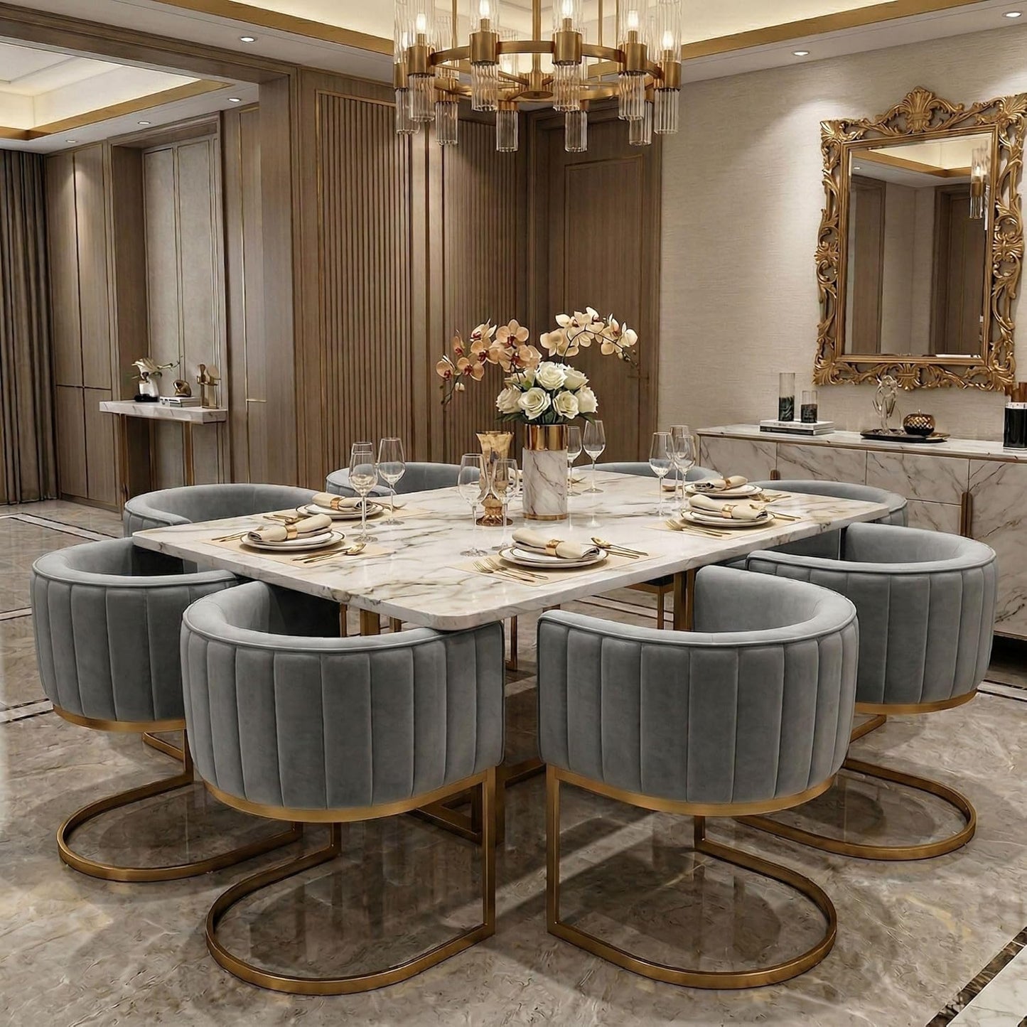 Hyfirm Gray and Gold Modern Barrel Dining Room Chairs Set of 4, Velvet Upholstered Accent Chairs with Curved Back for Kitchen Island, Luxury Comfort Seating Cantilever Metal Frame