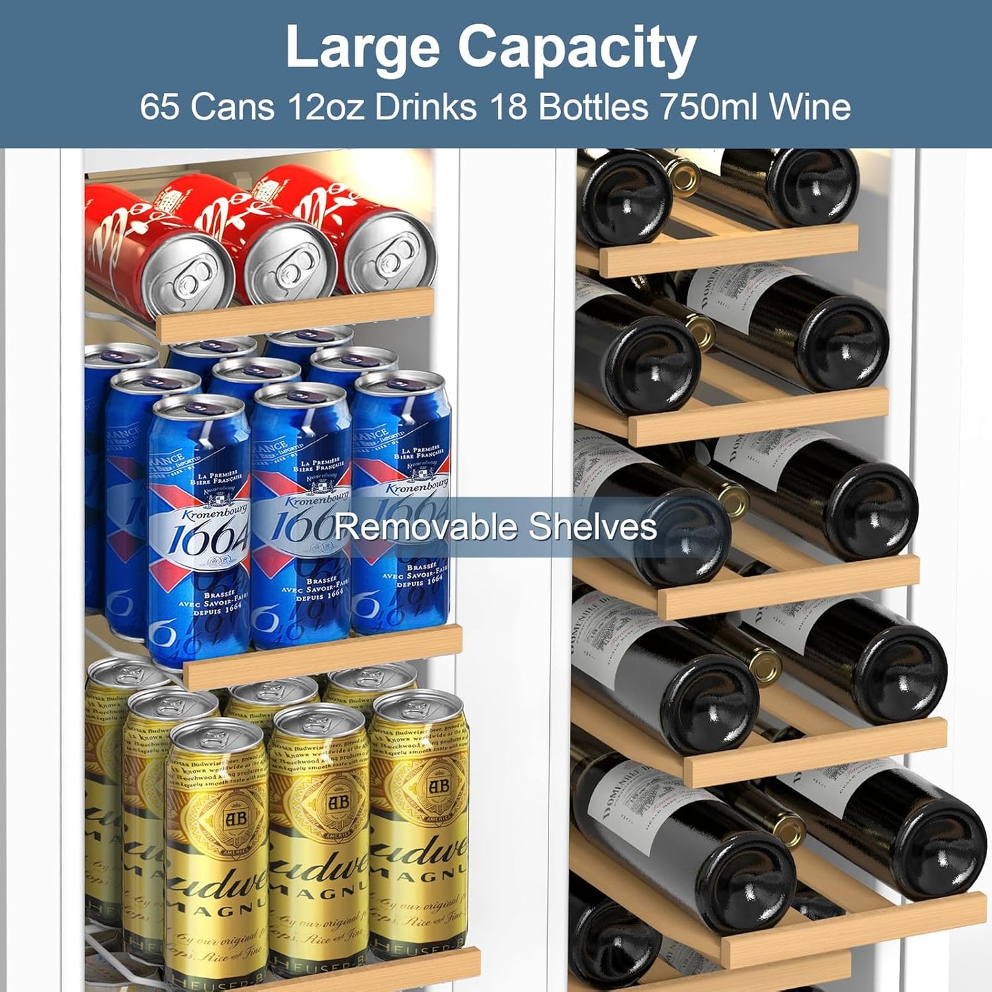 FoMup Wine and Beverage Refrigerator, 24 Inch Beverage Cooler Dual Zone with Glass Door, Under Counter Beverage Fridge with Upgraded 65 Cans 18 Bottles Large Capacity, White