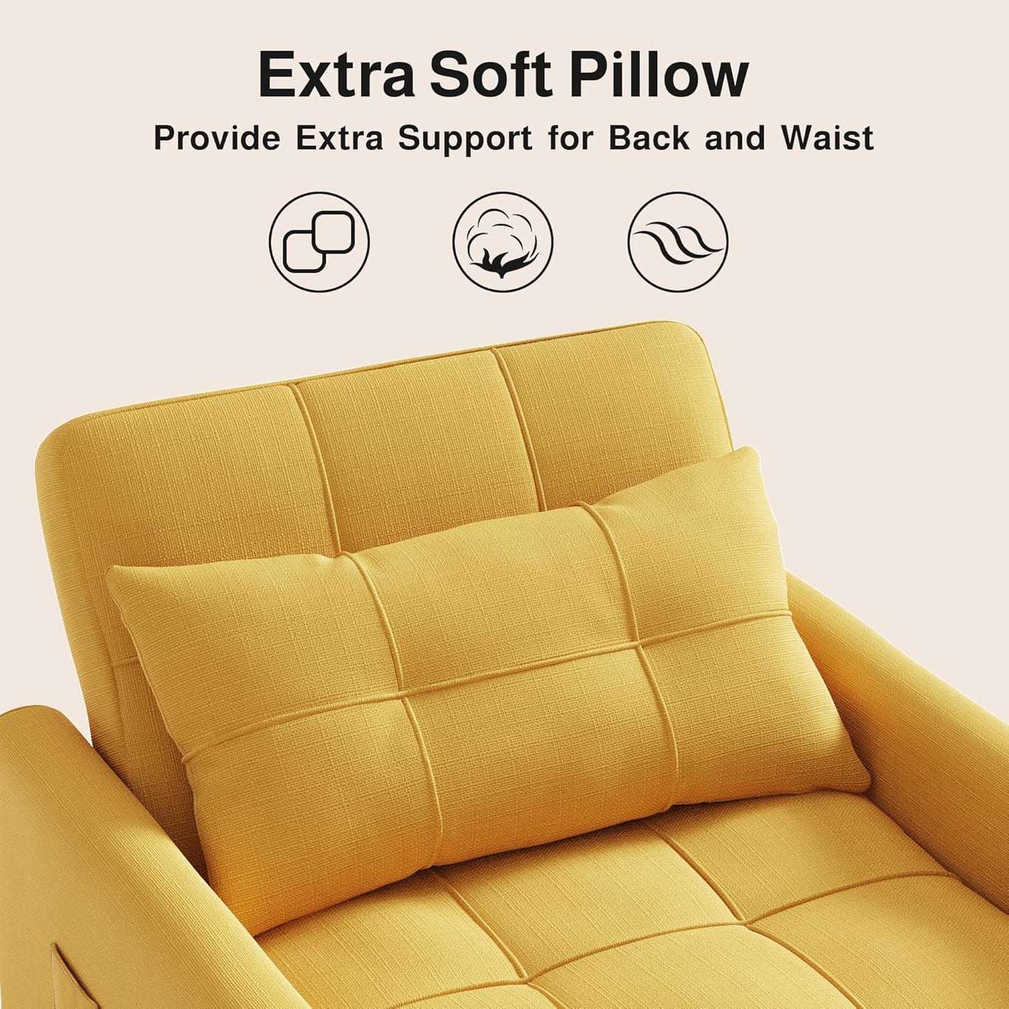 Ahomly Convertible Sleeper Chair Sofa Bed with 3-in-1 Design, Adjustable Backrest, and Storage Pocket for Living Room, Yellow