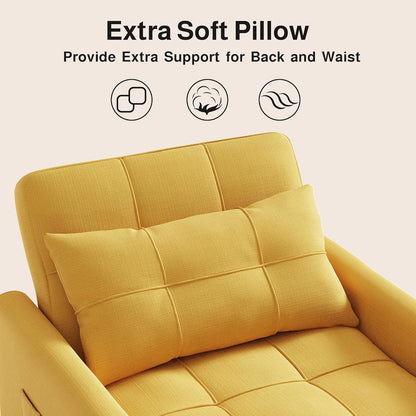 Ahomly Convertible Sleeper Chair Sofa Bed with 3-in-1 Design, Adjustable Backrest, and Storage Pocket for Living Room, Yellow