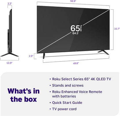 Roku Smart TV 2026 – 65-Inch Select Series, 4K QLED TV – Roku TV with Voice Remote – Flat Screen QLED Television with Wi-Fi for Streaming Live Local News, Sports, & Movies – Bluetooth Headphone Mode