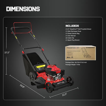 PowerSmart EasyDrive 21-Inch Self Propelled Gas Lawn Mower, 170cc 4-Stroke OHV Engine, Rear Wheel Drive, 3-in-1 Mulch/Bag/Side Discharge, Steel Deck, 6 Height Adjustment
