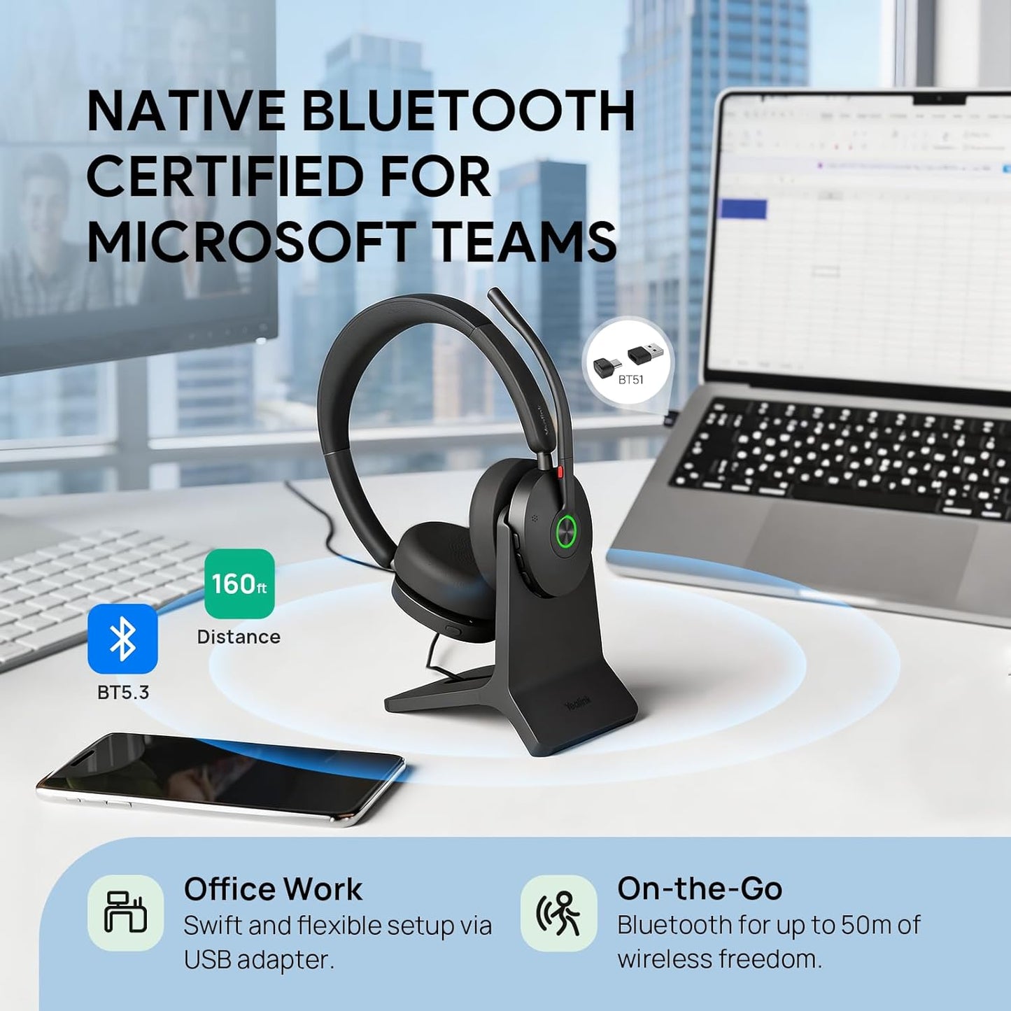 Yealink BH74 ANC Bluetooth Headset with Microphone for Hybrid Work, Microsoft Teams Premium Open Ofﬁce Certified Headsets with 6-mics Active Noise Cancellation, Zoom Certified, 65H, Charging Stand