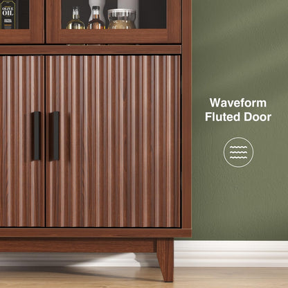 FiveWillowise 71" Tall Arched Cabinet with Glass Doors, Fluted Pantry Cabinet with Solid Wood Legs, Modern Accent Furniture for Living Room, Kitchen, Dining Room, Entryway, Walnut