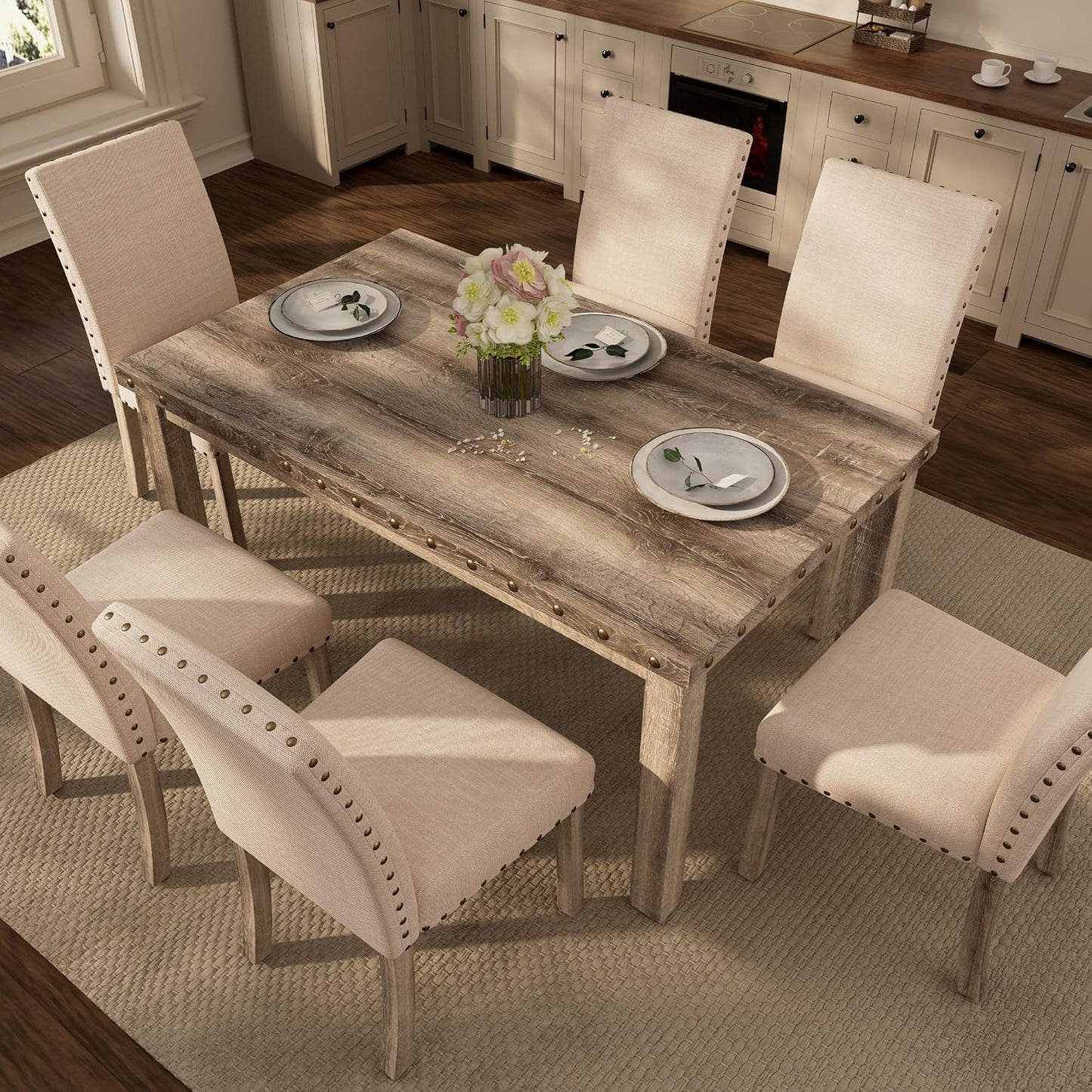 Morden Fort Rustic Dining Table Set for 6, Farmhouse Kitchen Dining Chairs for 6, Charming 60" Rectangular Wooden Table&6 Upholstered Chair with Nailhead Accents for Dining Hub,Breakfast Nook