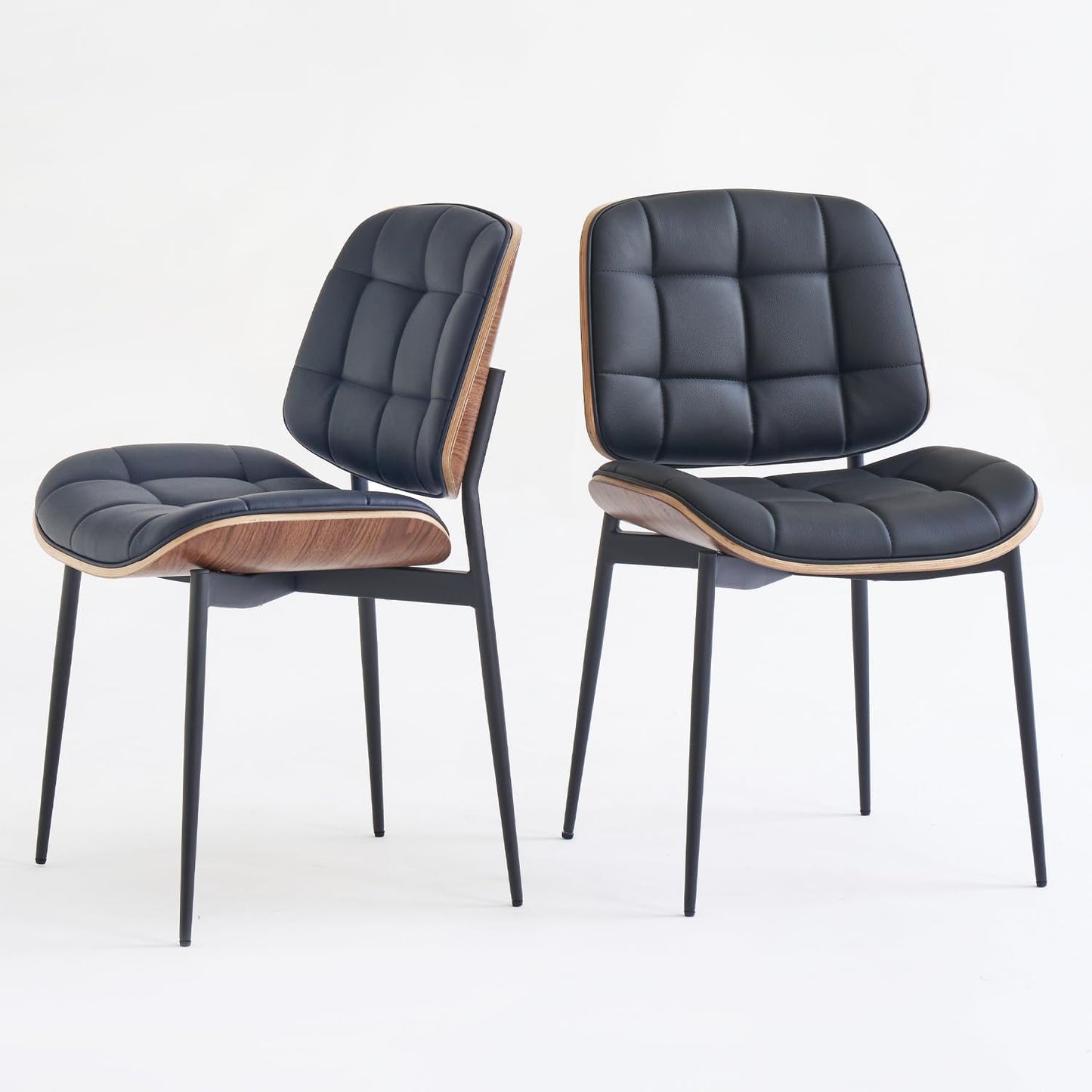 GrandNoor Mid Century Modern Dining Chairs with Walnut Grain Back, Black Faux Leather Dining Room Chairs Set of 2, Checkered Soft Cushion Kitchen Chairs with Adjustable Foot Pads