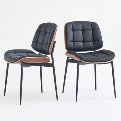 GrandNoor Mid Century Modern Dining Chairs with Walnut Grain Back, Black Faux Leather Dining Room Chairs Set of 2, Checkered Soft Cushion Kitchen Chairs with Adjustable Foot Pads