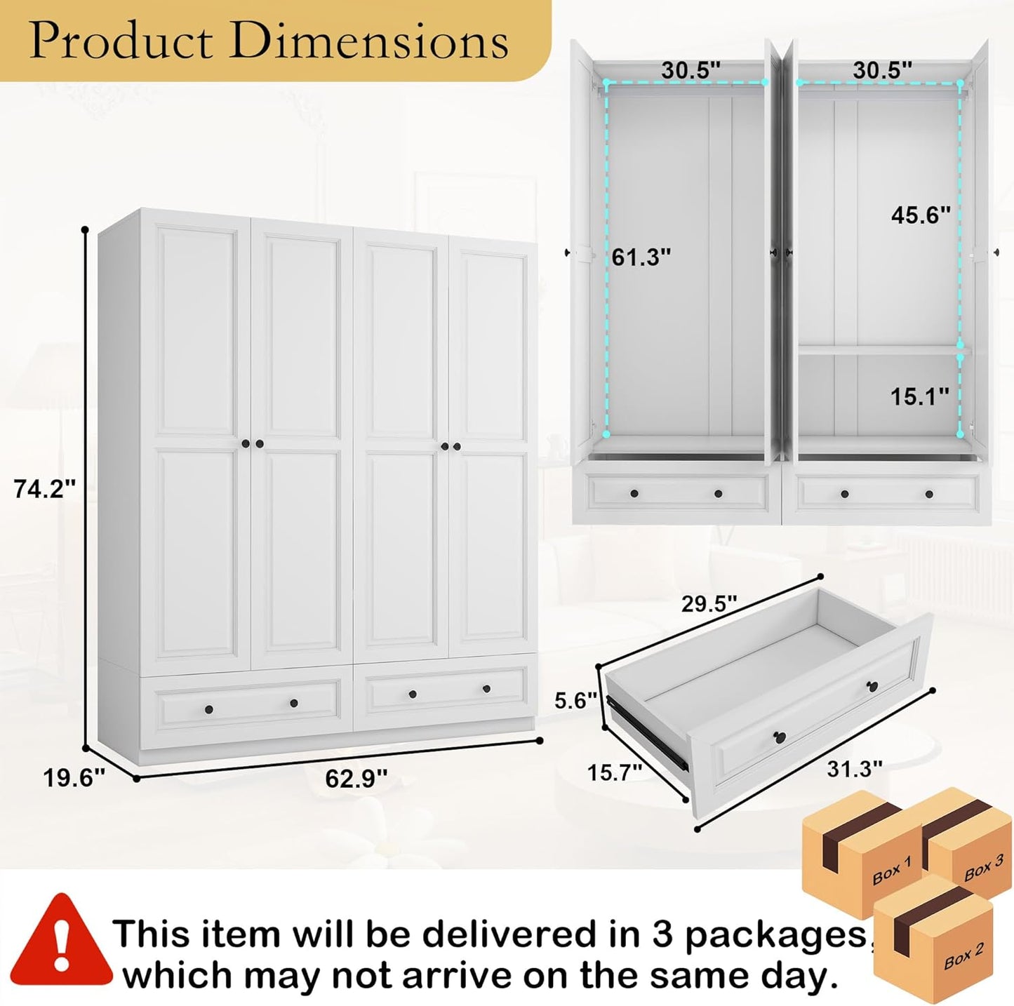 Armoire Wardrobe Closet with Drawers: 63" White Wardrobe Closet with 4 Doors and 2 Drawers, Wood Clothes Armoire with Hanging Rod, Clothing Storage Cabinet for Bedroom